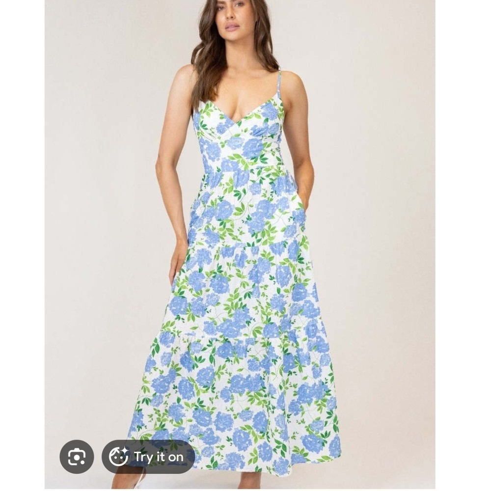 Lavender Brown Kamila Dress Blue Ivory Floral Tiered Midi Cottage Pockets M NEW